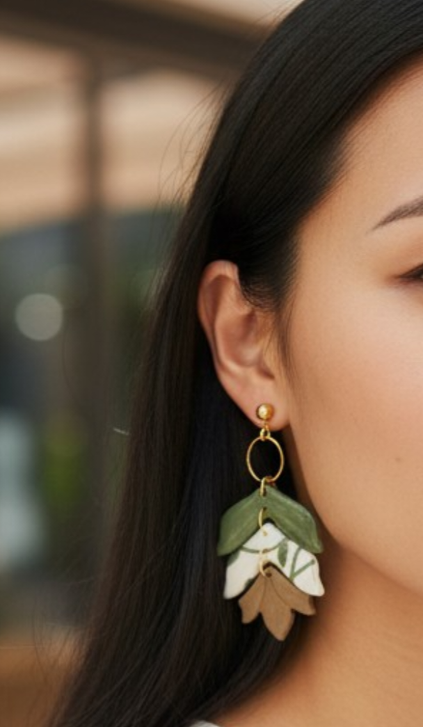 Earthy Leaf Layered Polymer Clay Statement Earrings